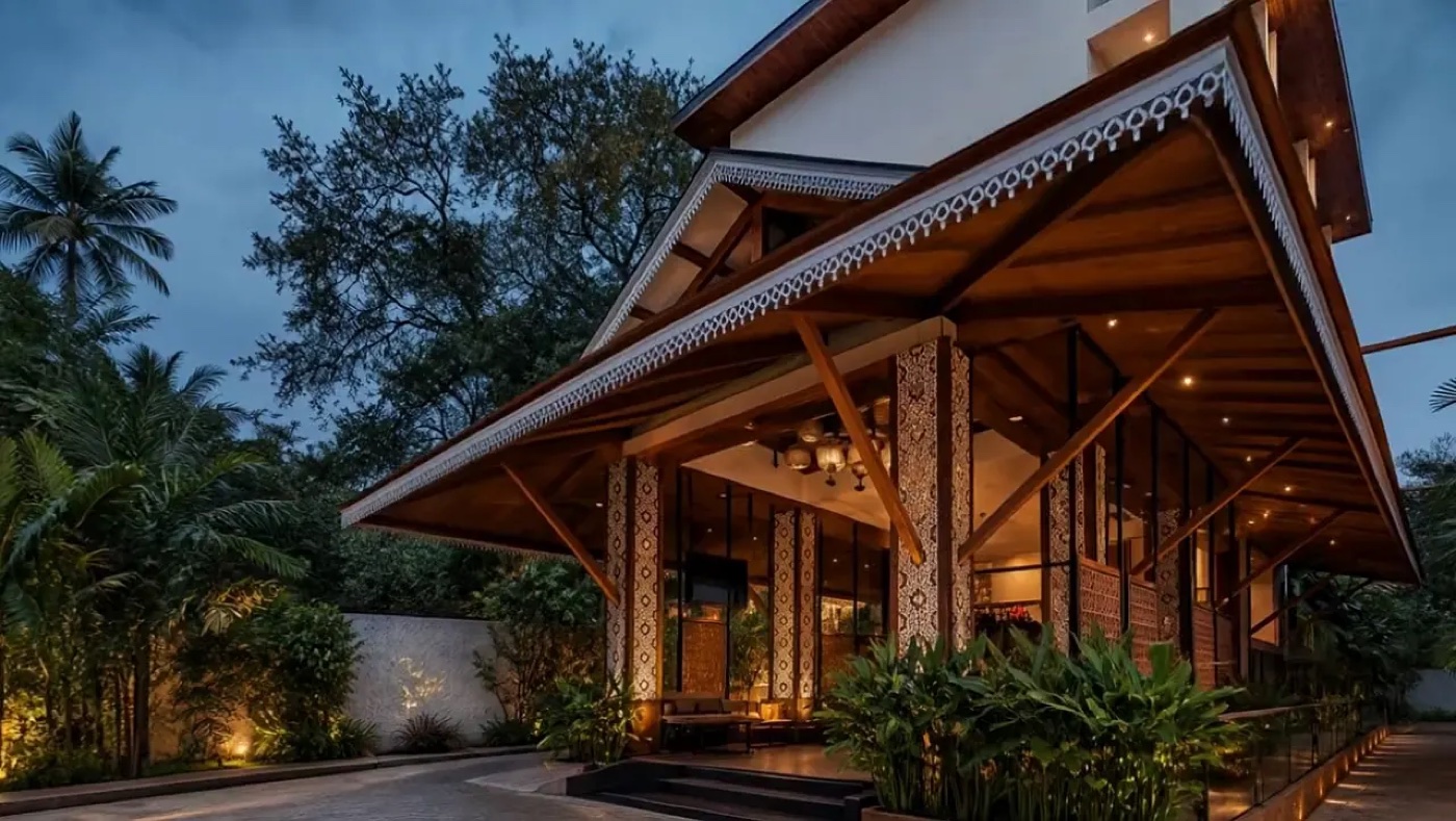 Immersive hotel arrival experience at dusk